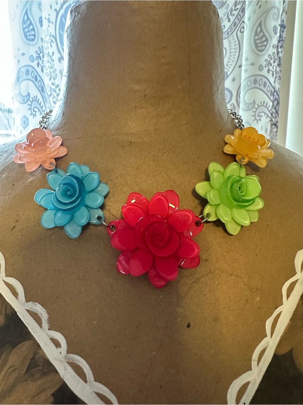 Bright Multicolor Floral Statement Necklace - Red, Blue, Green, Yellow, Pink